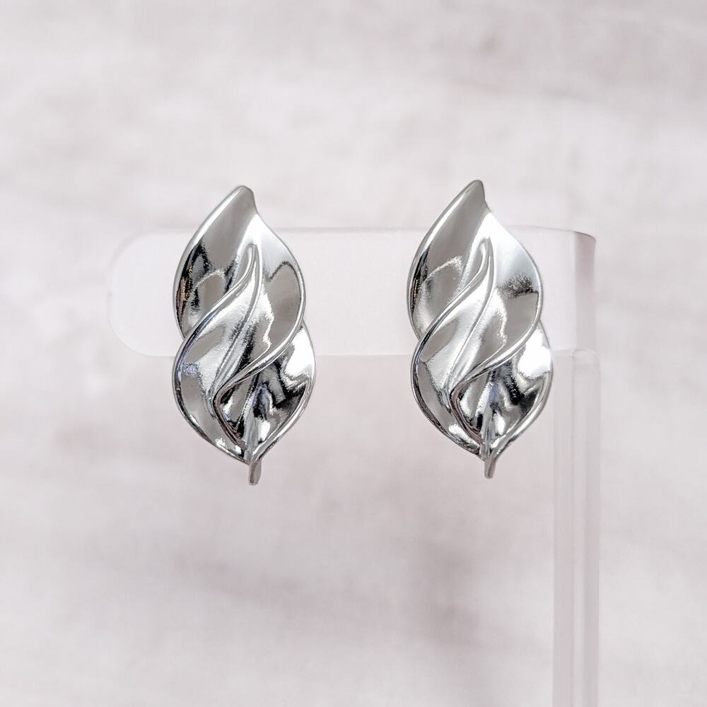 Vintage Clip On Earrings Large Silver Tone Twisted Leave Statement Glam